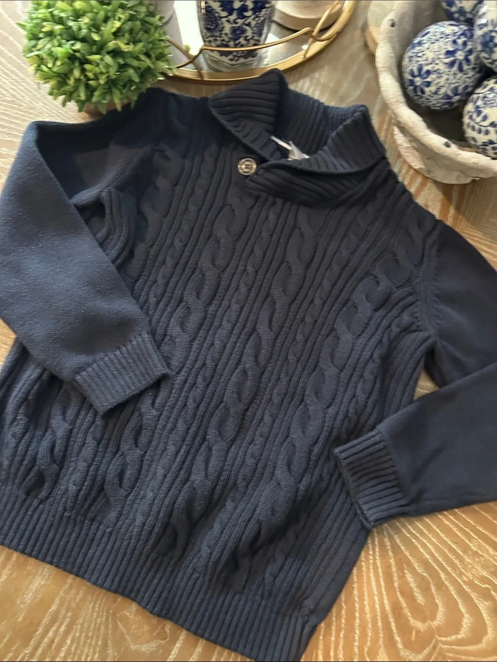 Gymboree Boys Navy Blue Cable Knit Cowl Shawl Neck Sweater